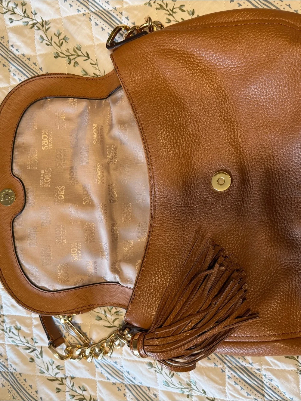 Michael Kors Cognac Leather Shoulder Bag with Tassel and Gold Chain
